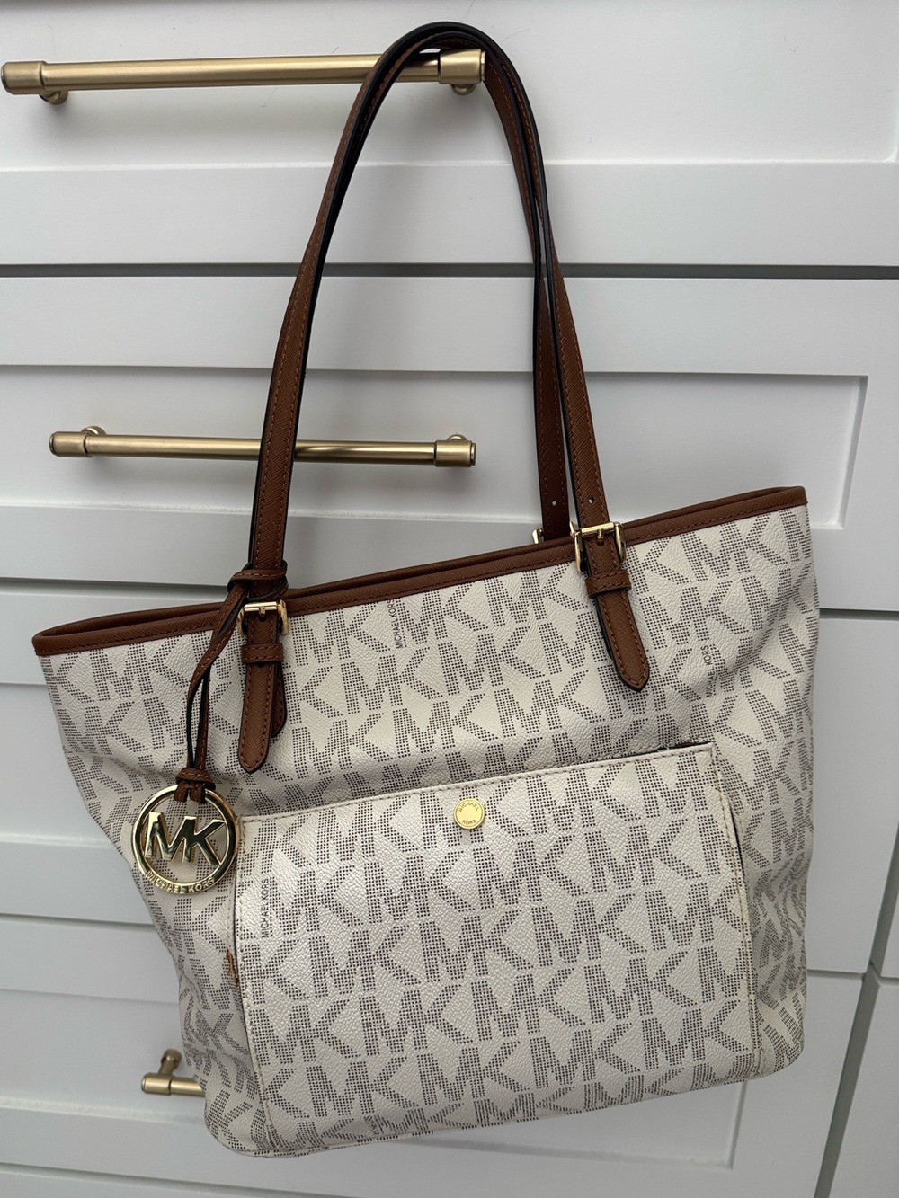 Michael Kors Beige and Brown Logo Tote with Gold Charm